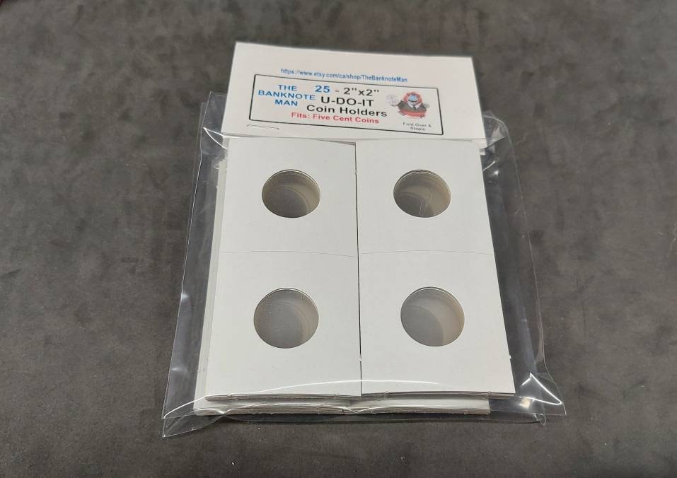COIN HOLDERS ~ 2"x2" Coin Flips - Bundle of 25 ~ 5 Cent/ Nickel Size (23mm); Made in Canada