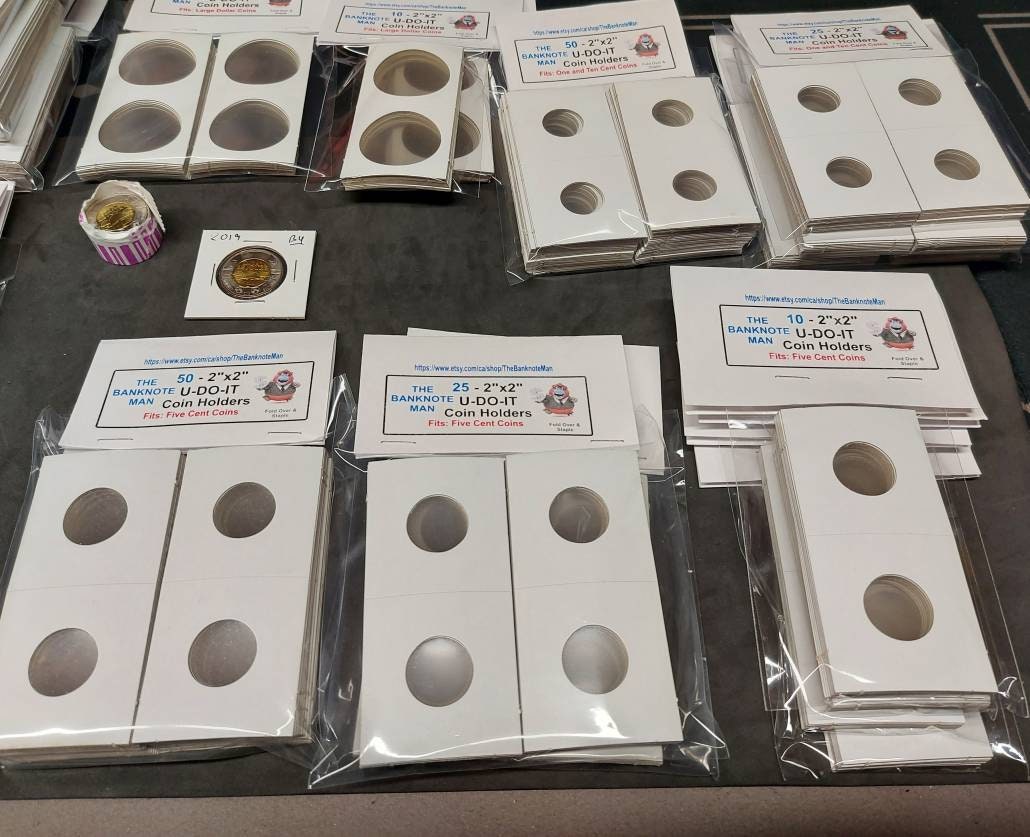 COIN HOLDERS ~ 2"x2" Coin Flips - Bundle of 25 ~ 5 Cent/ Nickel Size (23mm); Made in Canada