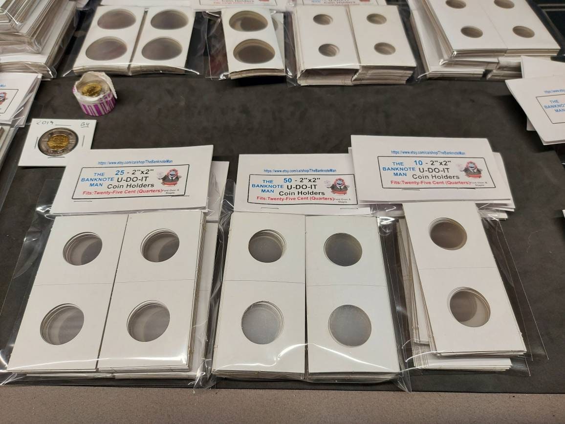 COIN HOLDERS ~ 2"x2" Coin Flips - Bundle of 50 ~ 25 Cent/ Quarter Size; Made in Canada