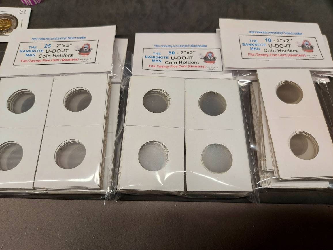 COIN HOLDERS ~ 2"x2" Coin Flips - Bundle of 10 ~ 25 Cent/ Quarter Size (27.5 mm); Made in Canada