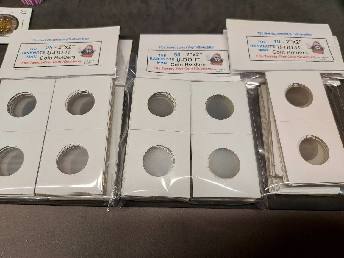 COIN HOLDERS ~ 2"x2" Coin Flips - Bundle of 25 ~ 25 Cent/ Quarter Size (27.5 mm); Made in Canada