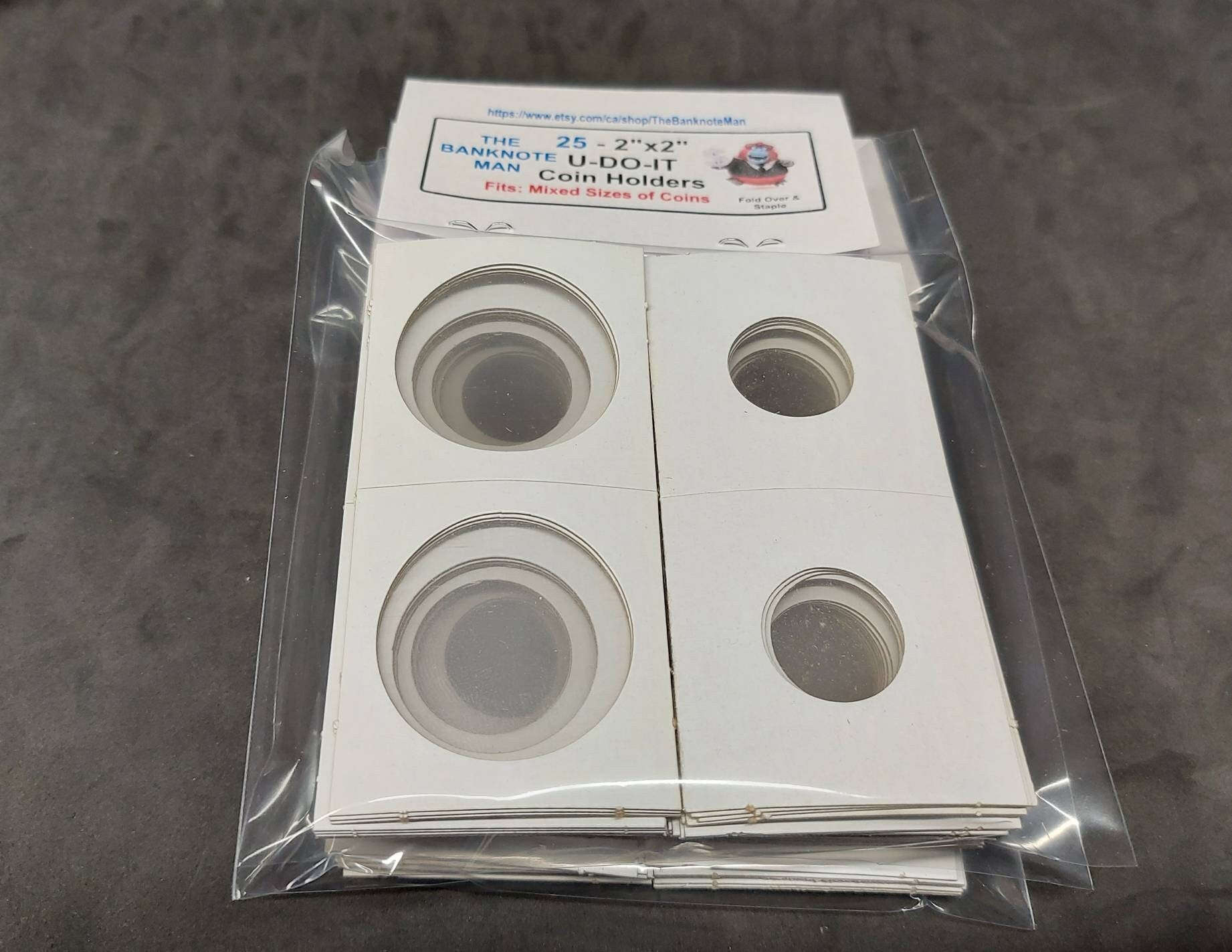 COIN HOLDERS ~ 2"x2" Coin Flips - Bundle of 25 ~ All Coins Mixed Sizes; Made in Canada