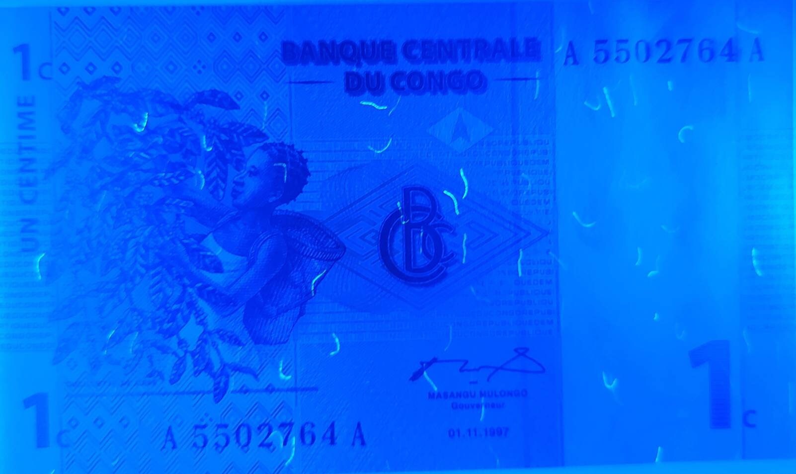Congo 1 Centime Banknote; P-80 - UUNCIRCULATED from 1997; features the Nyirogongo Volcano; Series A