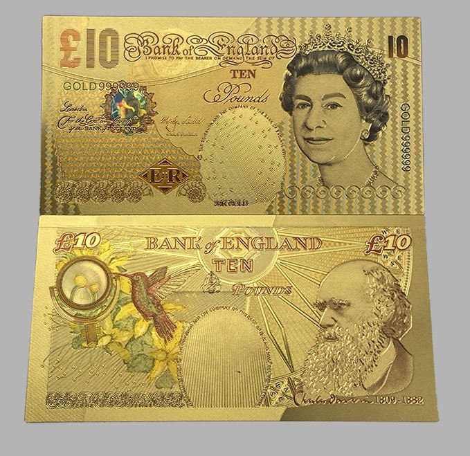 ENGLAND 10 Pounds ~ Queen ELIZABETH II .9999 Color Foil Note; Charles Darwin; Hummingbird