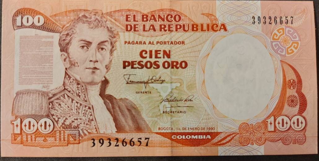 COLOMBIA 100 Peso Oro Banknote; P-426e; UNCIRCULATED from 1990; features Leyva Village