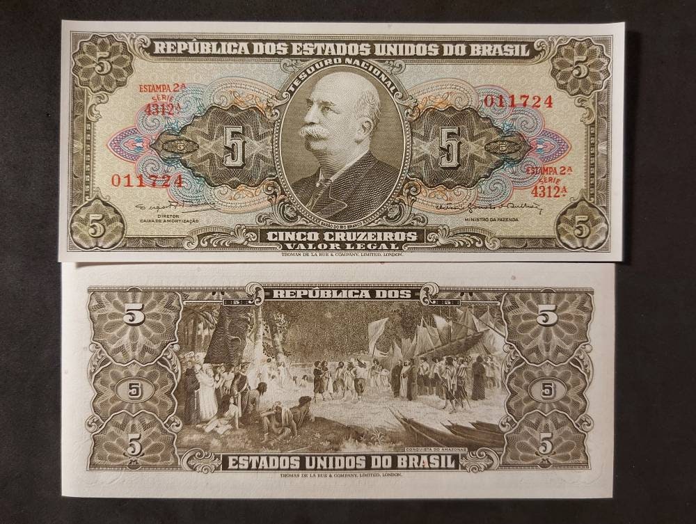 Brazil 5 Cruzeiros Banknote; P-176d; UNCIRCULATED; Printed 1962 ~ Beautiful Note; Amazon Conquest