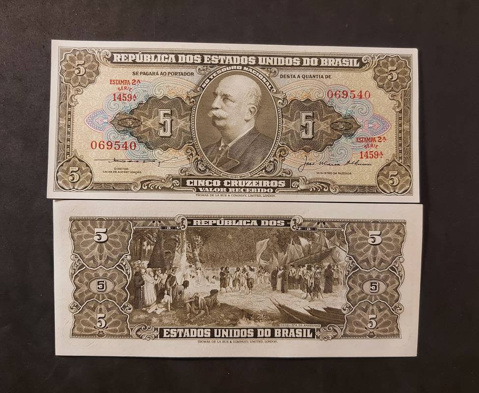 Brazil 5 Cruzeiros, P-158c, UNCIRCULATED from 1953-1959 ~ Beautiful Note; Amazon Conquest