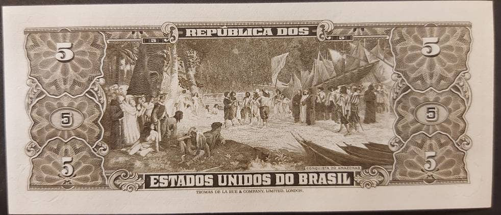 Brazil 5 Cruzeiros, P-158c, UNCIRCULATED from 1953-1959 ~ Beautiful Note; Amazon Conquest