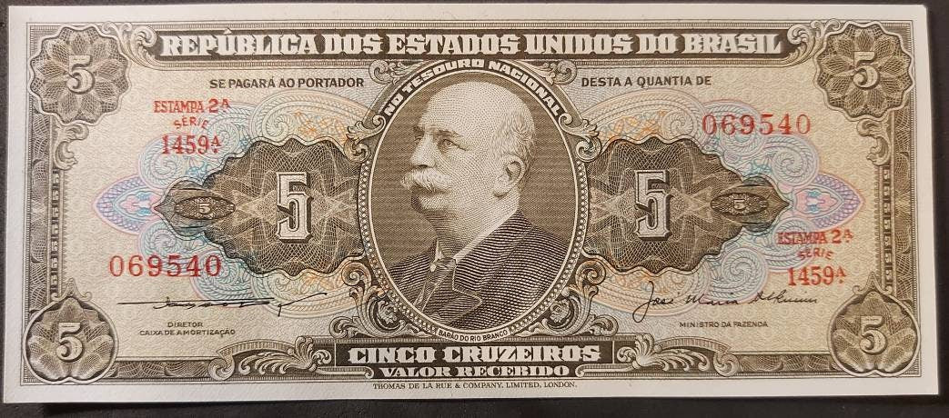 Brazil 5 Cruzeiros, P-158c, UNCIRCULATED from 1953-1959 ~ Beautiful Note; Amazon Conquest