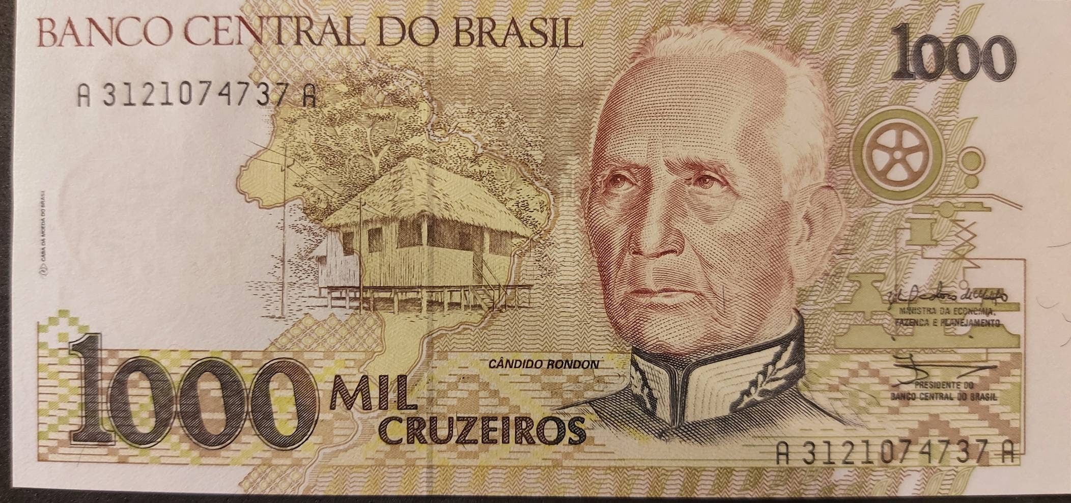 BRAZIL 1000 Cruzeiros; P-231a; Uncirculated from 1990; features a map of Brazil, Native Children and C Rondon