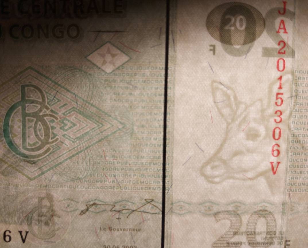 Congo 20 Francs Banknote; P-94 from 2003; Very Fine (VF); Beautiful note features Lions Head and Lion Pride on back