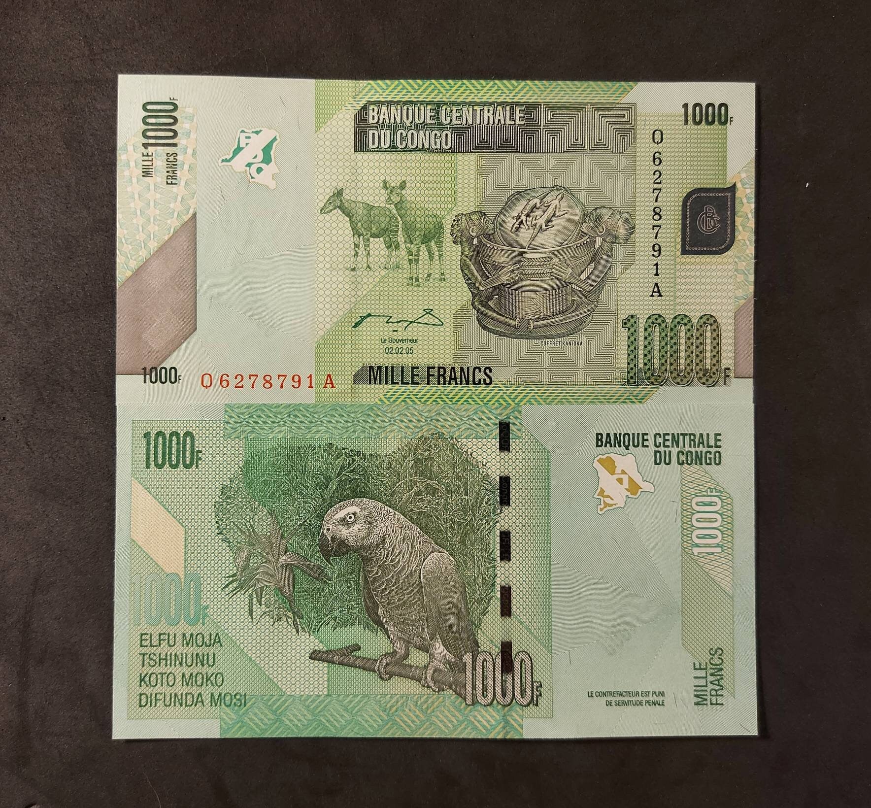 CONGO 1000 Francs Banknote; P-101a - UNCIRCULATED from 2005; Features Two Okapi; Lizards and a PARROT
