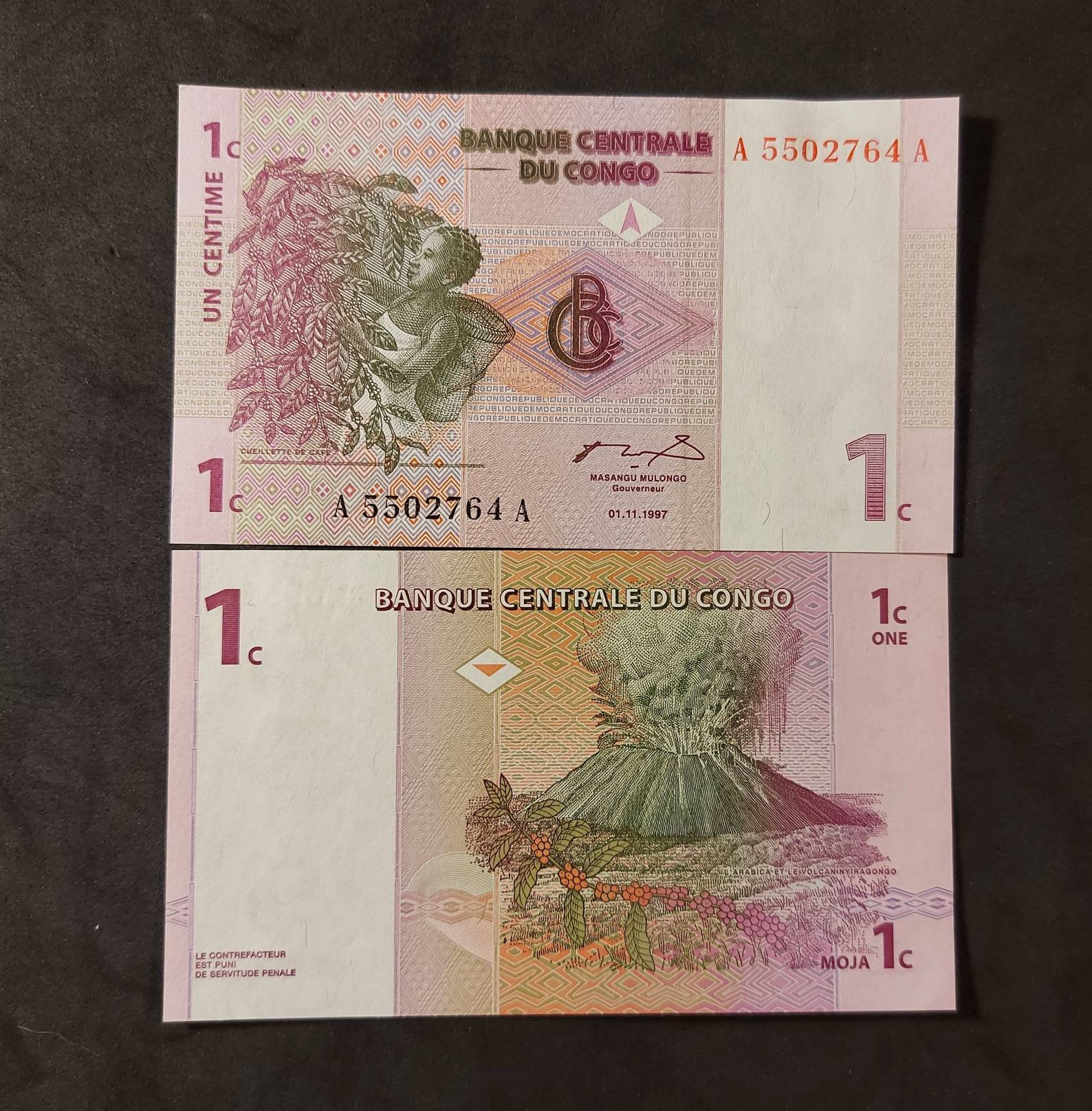Congo 1 Centime Banknote; P-80 - UUNCIRCULATED from 1997; features the Nyirogongo Volcano; Series A