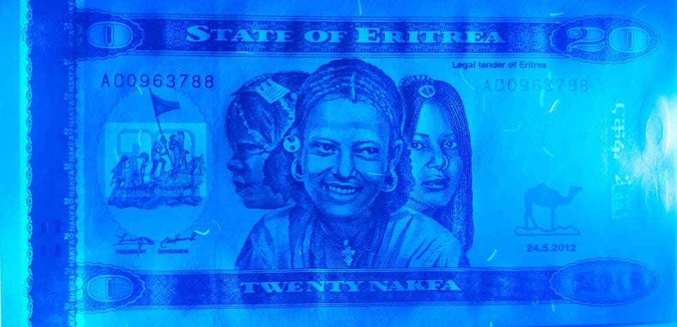 ERITREA 20 Nakfa Banknote, P12, UNCIRCULATED, 2012; features farmer and camel