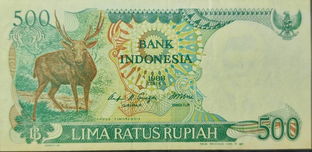 INDONESIA 500 Rupiah, P- 123; CIRCULATED (VF) from 1988; features a Timorese Stag; Bank of Indonesia at back