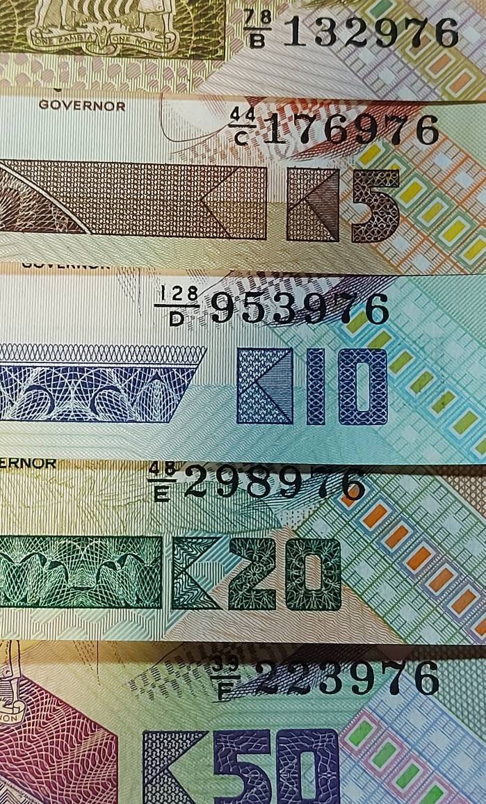 Zambia 1980's "Fish Eagle" UNIQUE 5 Note Banknote Set; Same last 3 DIGIT SERIAL number; 2, 5, 10, 20 and 50 Kwatcha; All Uncirculated