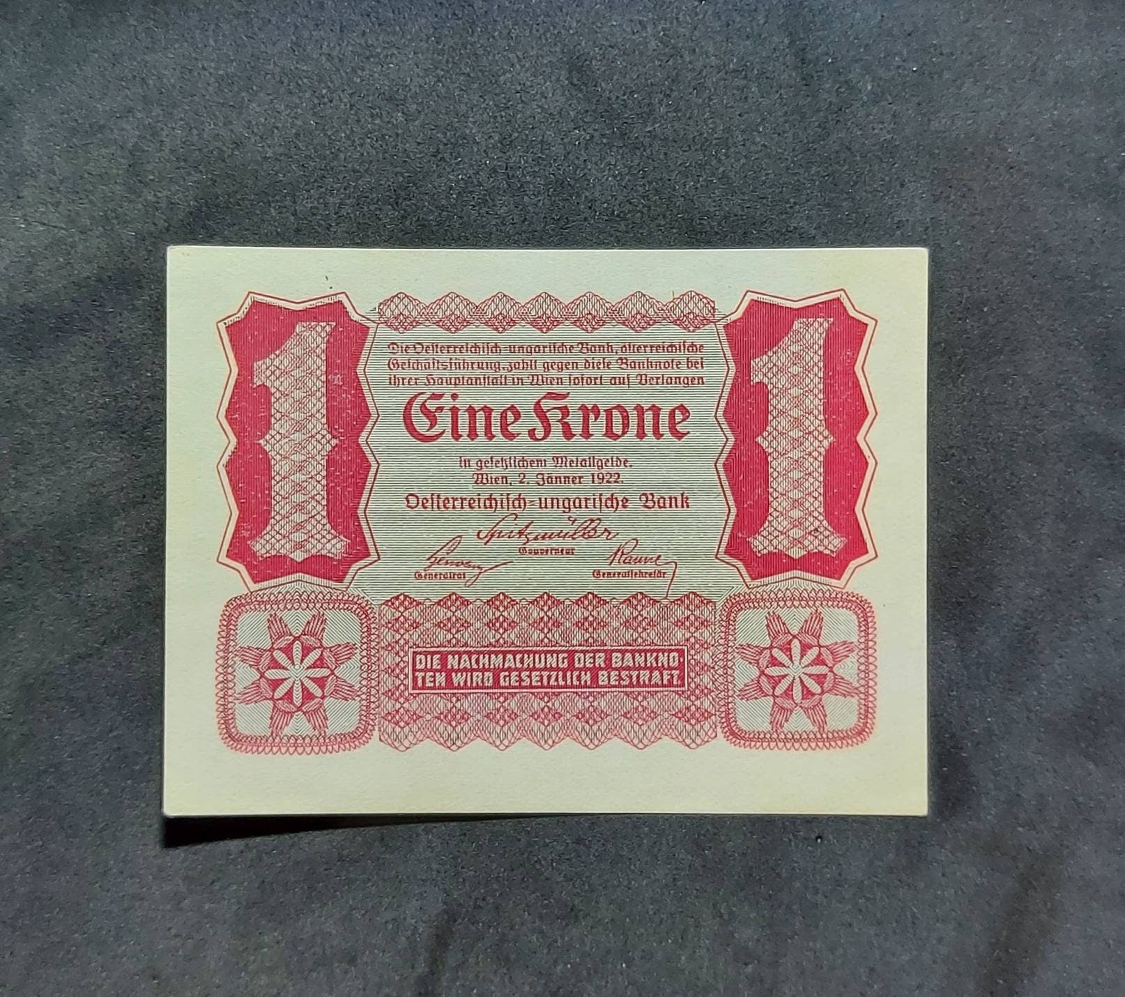 AUSTRIA 1 Krone, P-73; UNCIRCULATED, 1922; 100 Years old, Unique 1 sided note