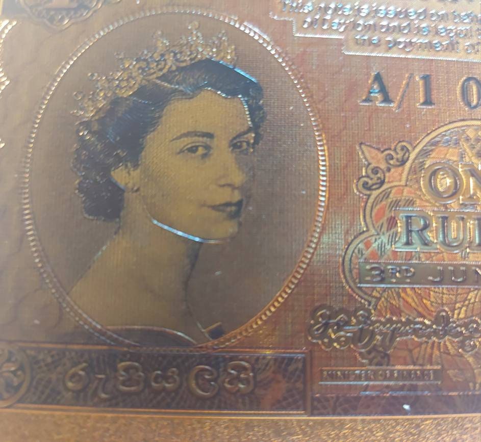 Queen Elizabeth II Commemorative Stamped 1952 CEYLON 1 Rupee .9999 GOLD Foil; Specimen Design