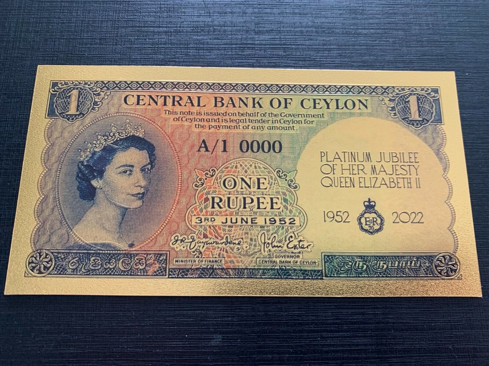 Queen Elizabeth II Commemorative Stamped 1952 CEYLON 1 Rupee .9999 GOLD Foil; Specimen Design