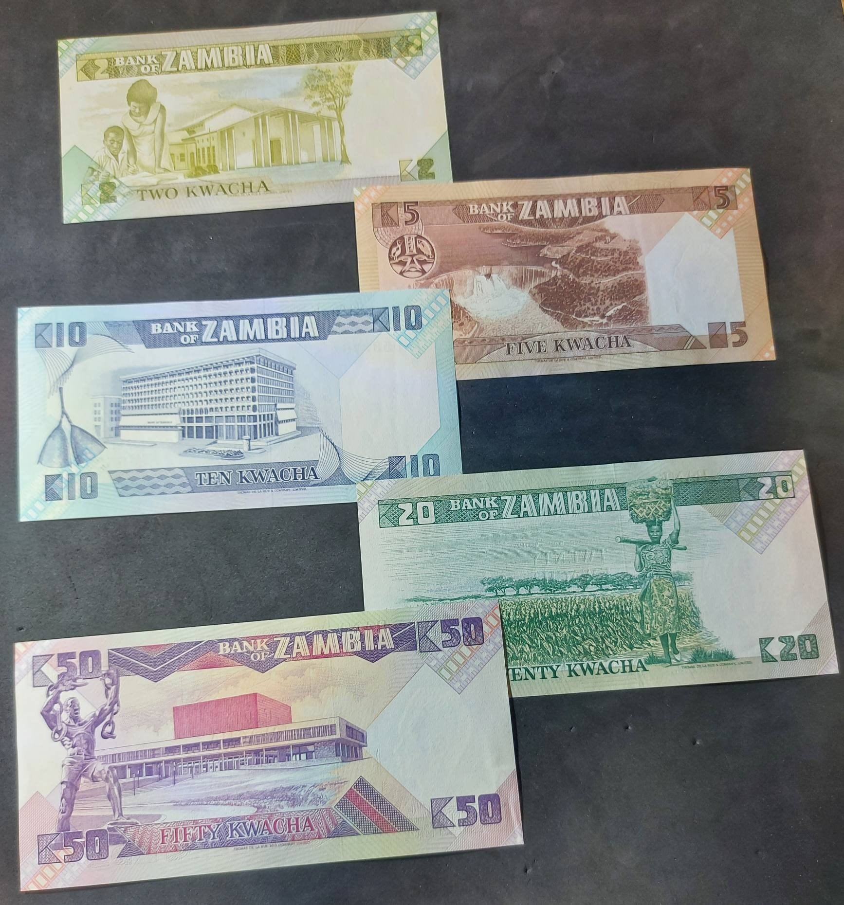 Zambia 1980's "Fish Eagle" UNIQUE 5 Note Banknote Set; Same last 3 DIGIT SERIAL number; 2, 5, 10, 20 and 50 Kwatcha; All Uncirculated