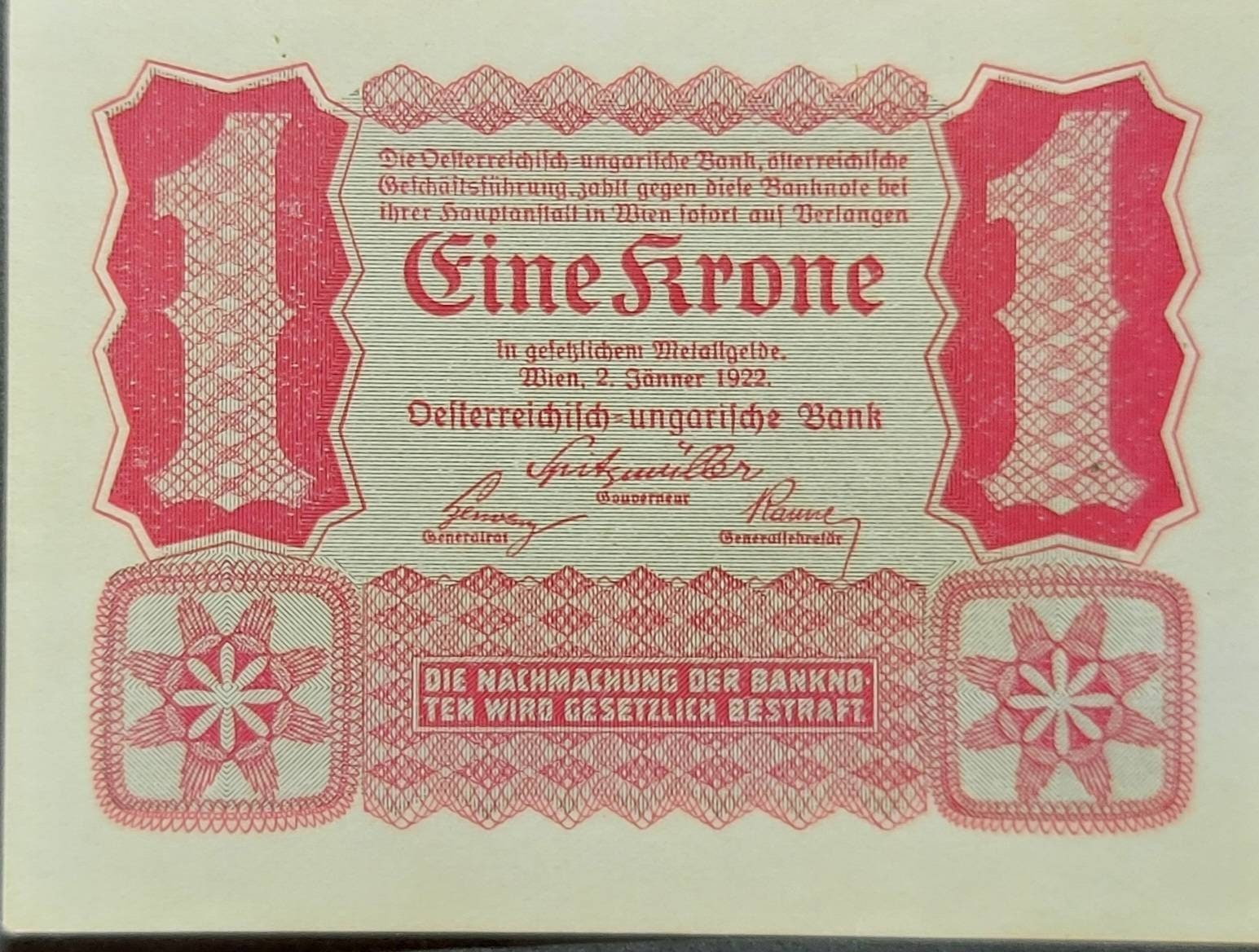 AUSTRIA 1 Krone, P-73; UNCIRCULATED, 1922; 100 Years old, Unique 1 sided note