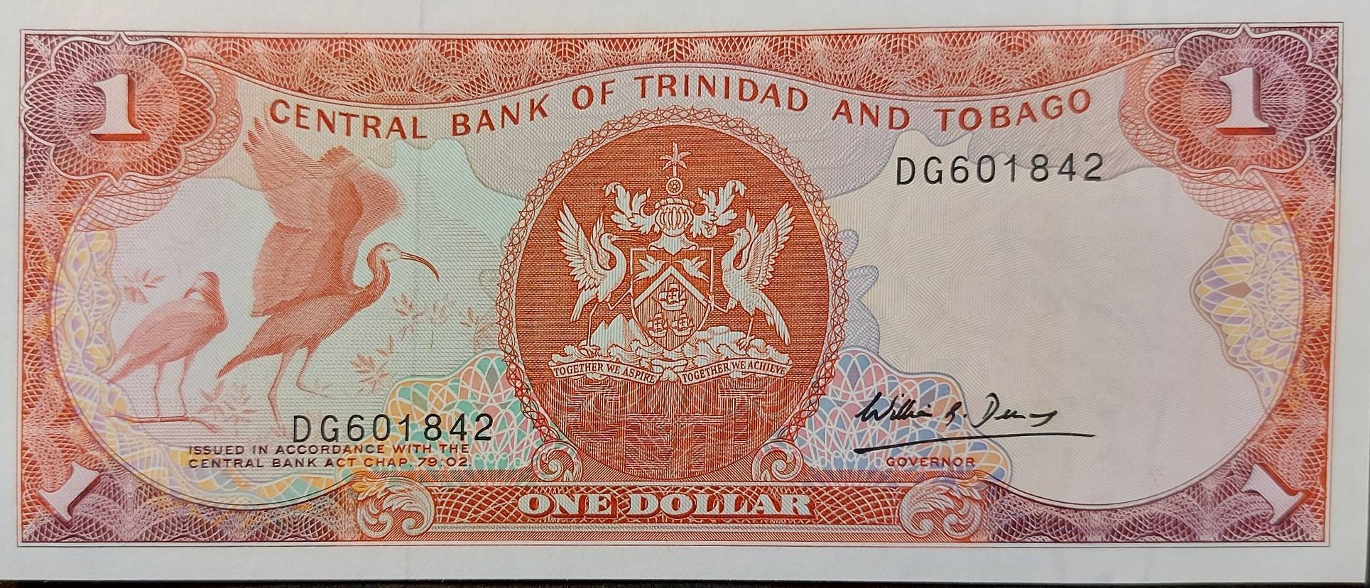 TRINIDAD & TOBAGGO 1 Dollar Banknote; P -36b, UNCIRCULATED from 1985; Featuring Scarlet Ibis; Signature