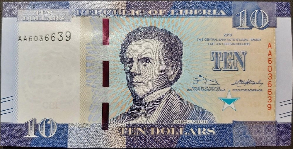 REPUBLIC Of LIBERIA, 10 Dollars; P-32a Uncirculated from 2016 ~~ First "AA" Prefix