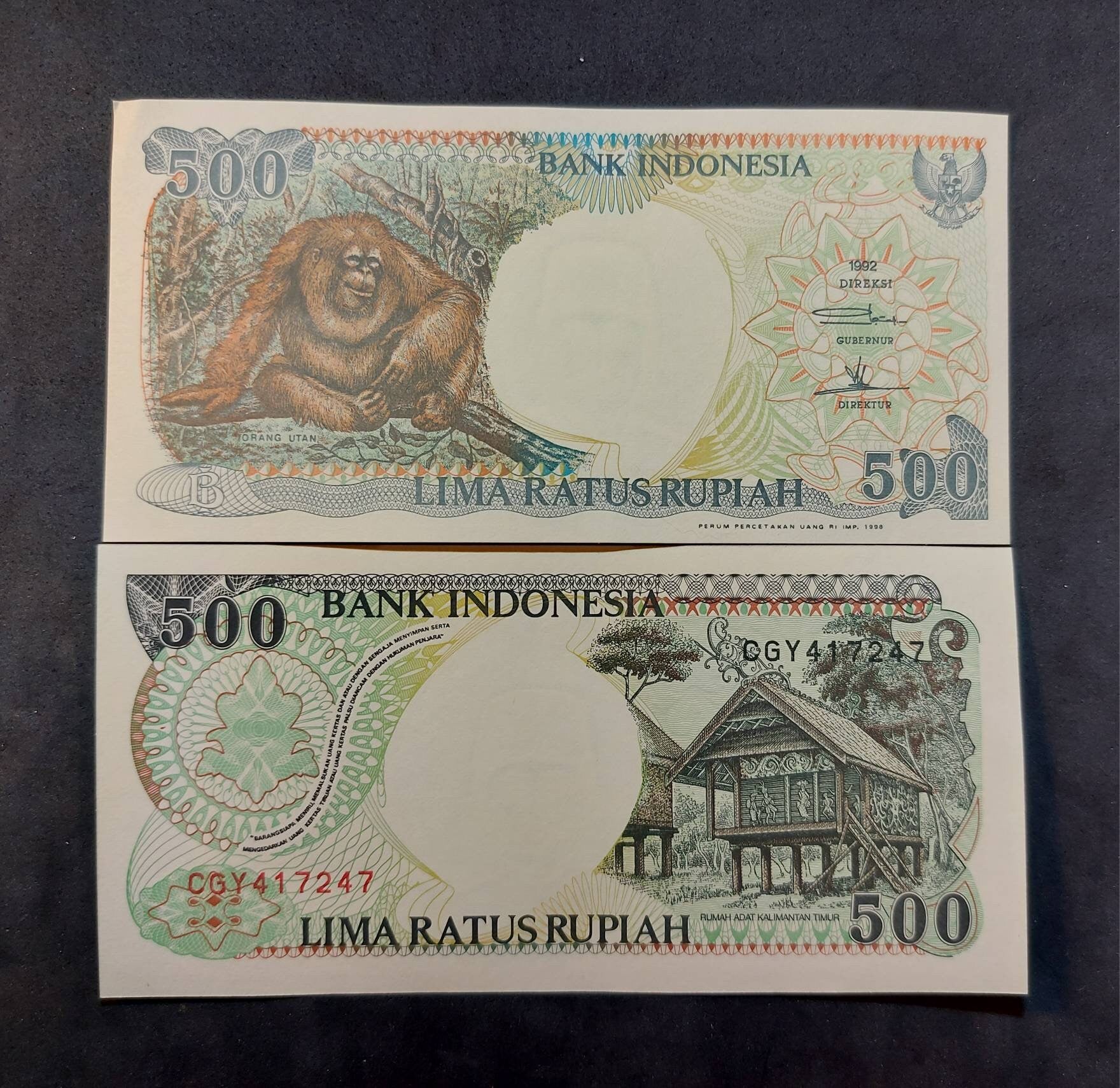 INDONESIA 500 Rupiah, P- 128g; UNCIRCULATED from 1998; features an Orangutan; Native Huts at back