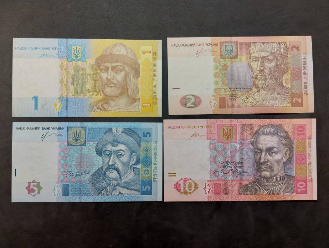 Ukraine 4-Note Set: 1-10 Hryven Banknotes (2011-2015)