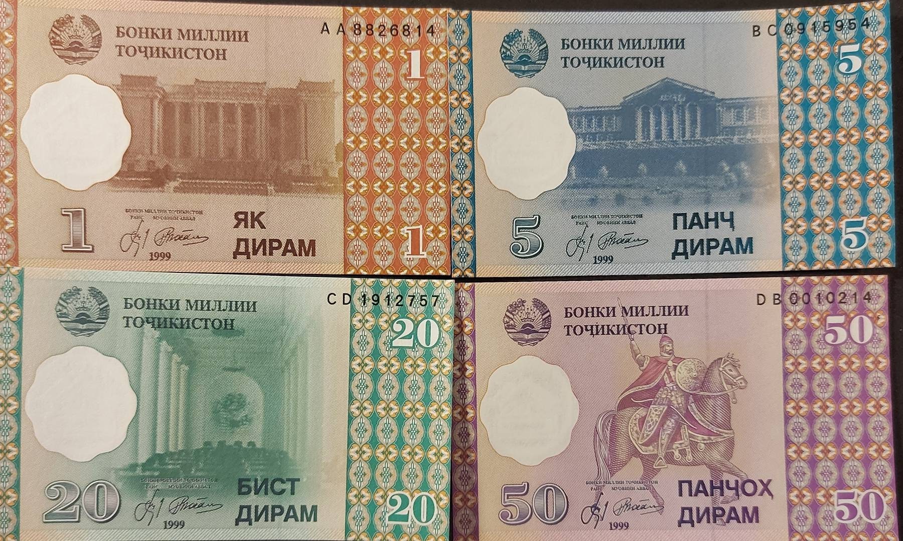 TAJIKISTAN ~ 4 Note Banknote Set from 1999 ~ 1 to 50 Diram Banknotes; All UNCIRCULATED; Nice UV features