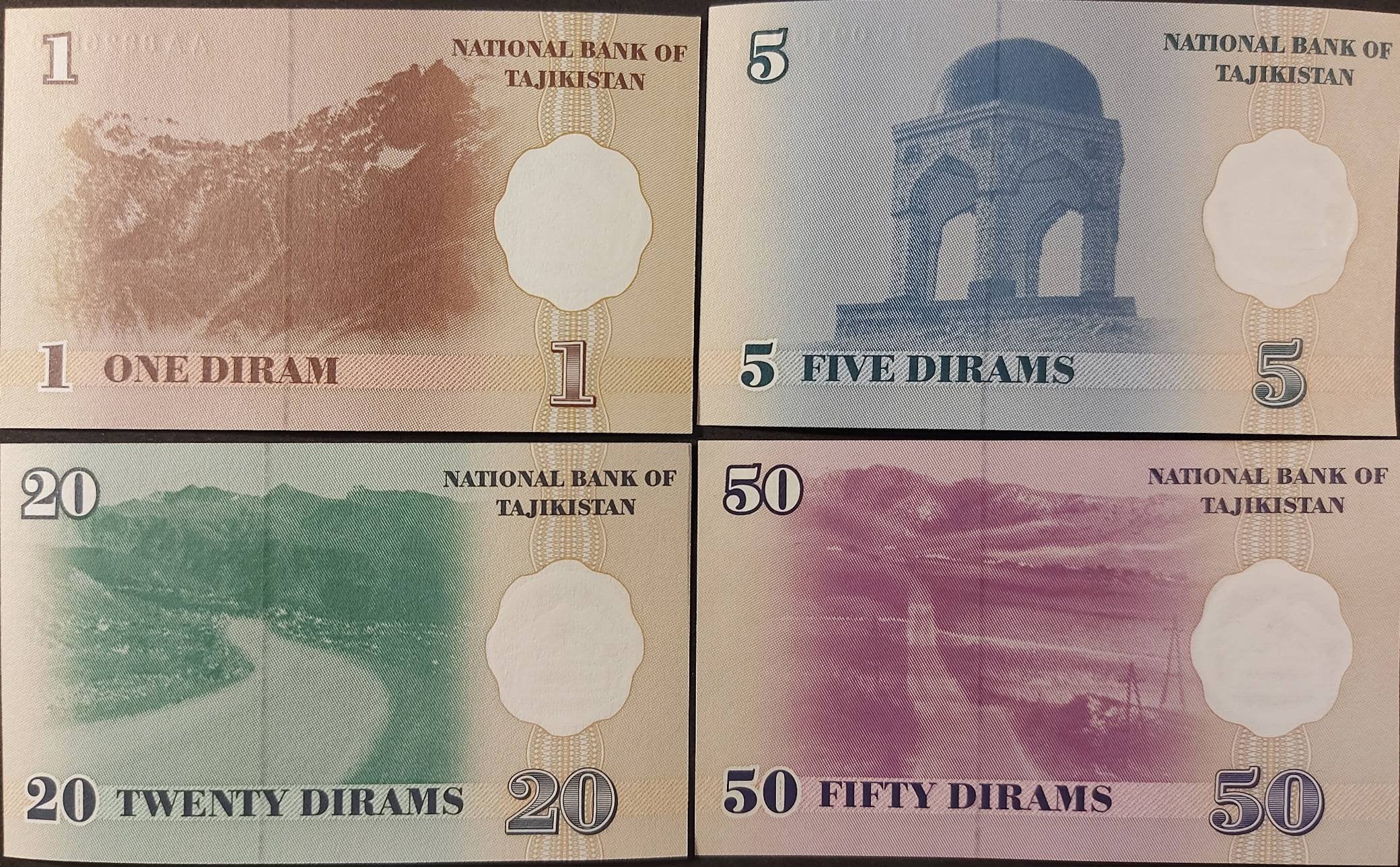 TAJIKISTAN ~ 4 Note Banknote Set from 1999 ~ 1 to 50 Diram Banknotes; All UNCIRCULATED; Nice UV features