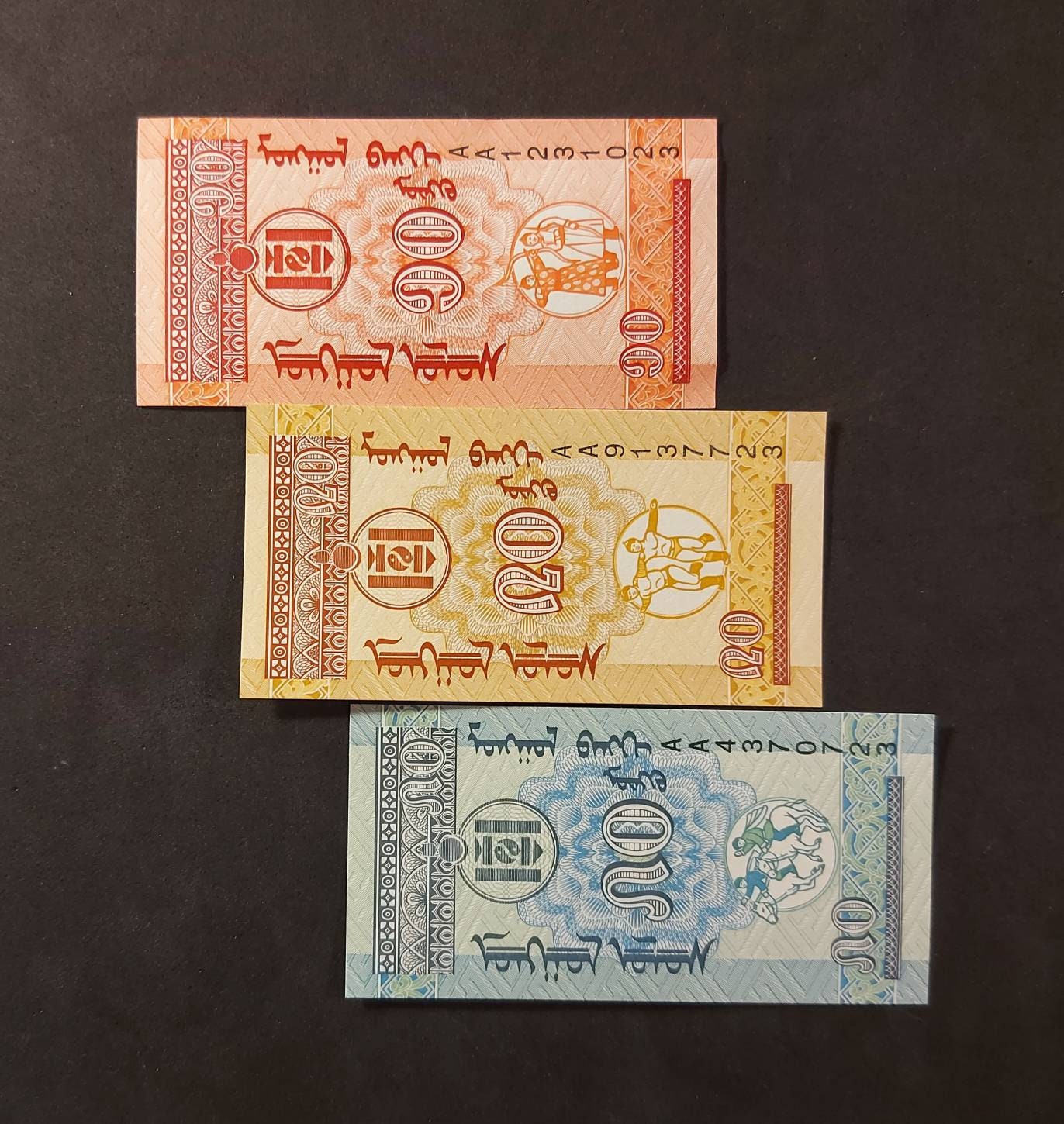 MONGOLIA ~ Banknote Set ~ 10,20 and 50 Mongo; P49 to P51 from 1993; UNCIRCULATED; All notes are first prefix issued "AA"