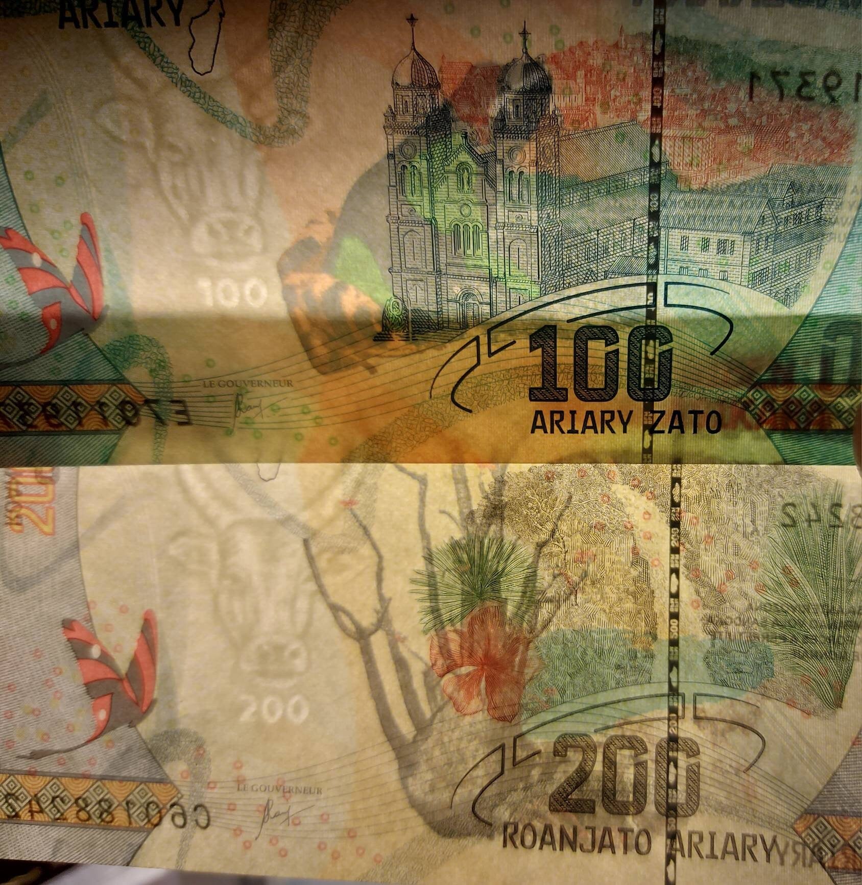 MADAGASCAR ~ 2 Note Banknote LoT ~ 100 and 200 Ariary; Amazing Colors, Butterfly Silhouettes