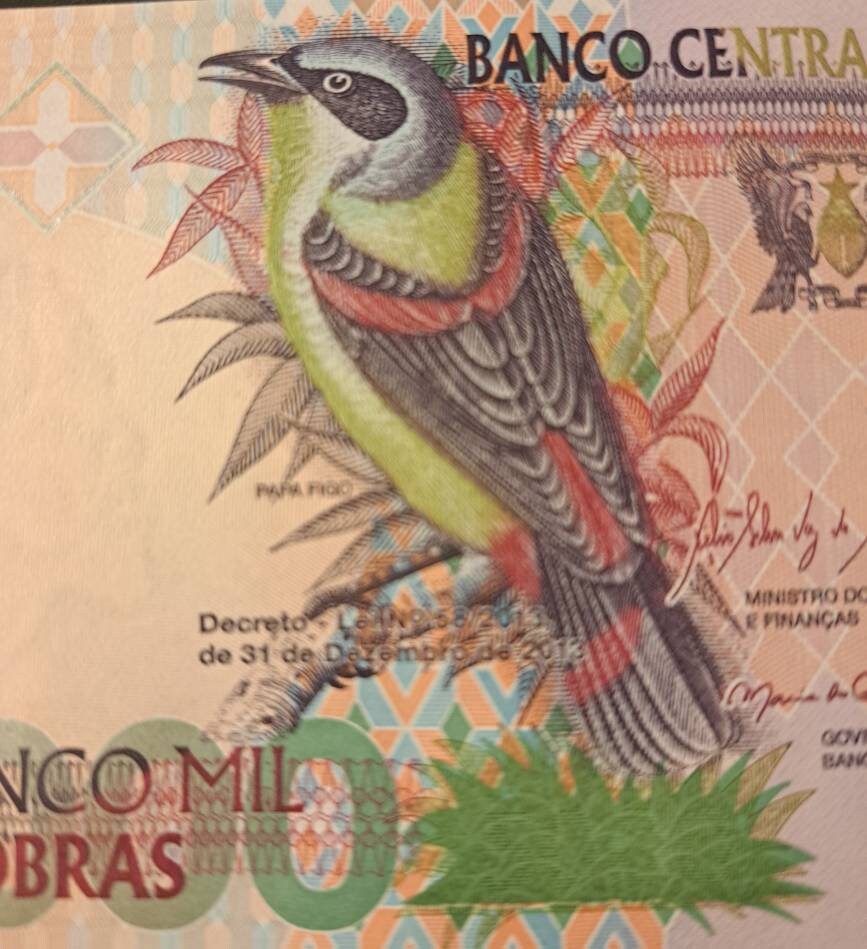 Saint Thomas & Prince 5000 Dobras, P65d; Prefix AA; Uncirculated, 2013; Papa Figo Bird