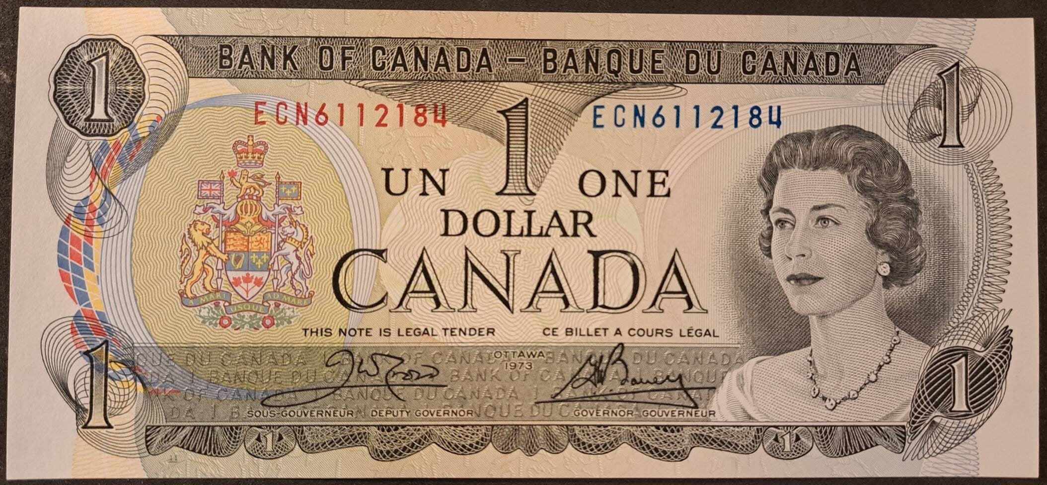 1973 Canada One Dollar Banknote; P-85c; Crisp UNCIRCULATED ~ Queen Elizabeth II ~ Shipped in the best Protective Mylar Currency holder