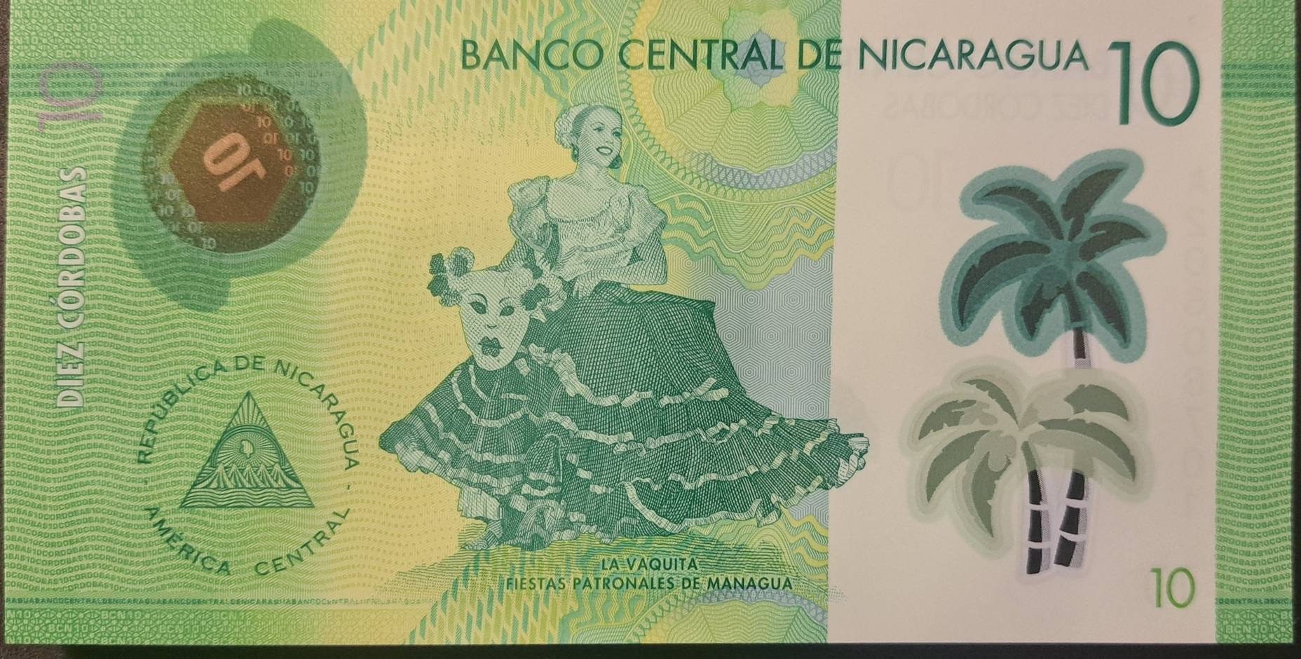 NICARAGUA 10 Cordobas, P-209a; UNCIRCULATED, 2014; Polymer, features a Port Scene