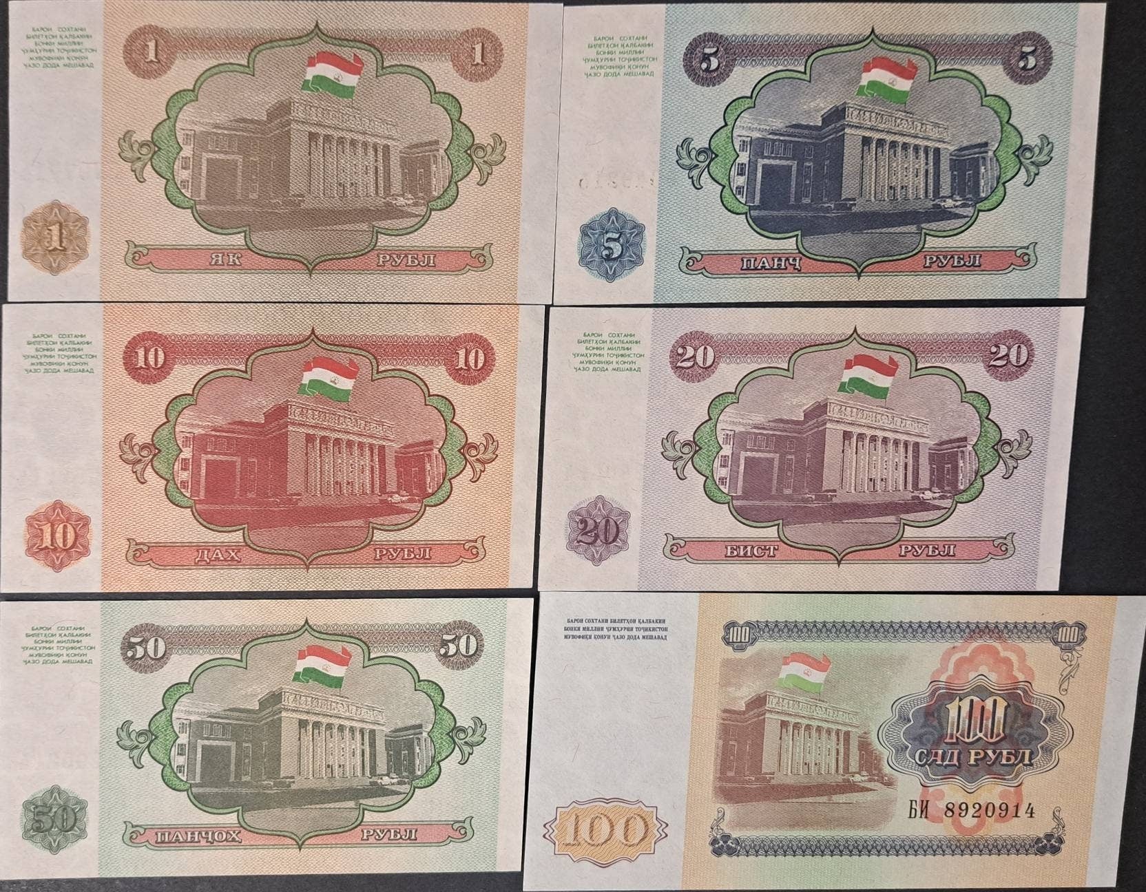 TAJIKISTAN ~ 6 Note Banknote Set from 1994 ~ 1 to 100 Rubles Banknotes; All UNCIRCULATED; Historical set of first 6 banknotes