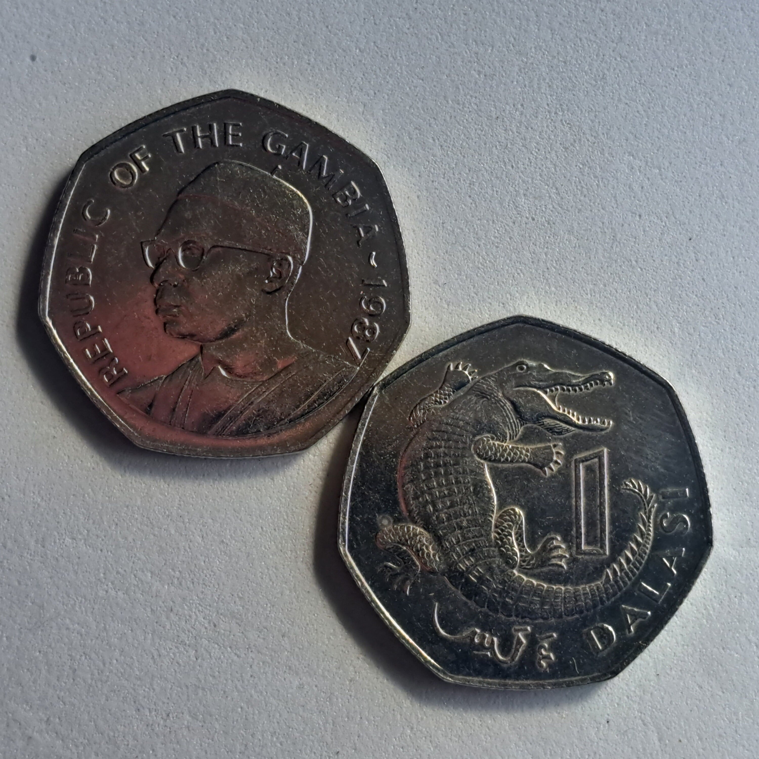 GAMBIA 10 Dalasi Coin; BU from 1987; KM29; features the Slender-Snouted Crocodile