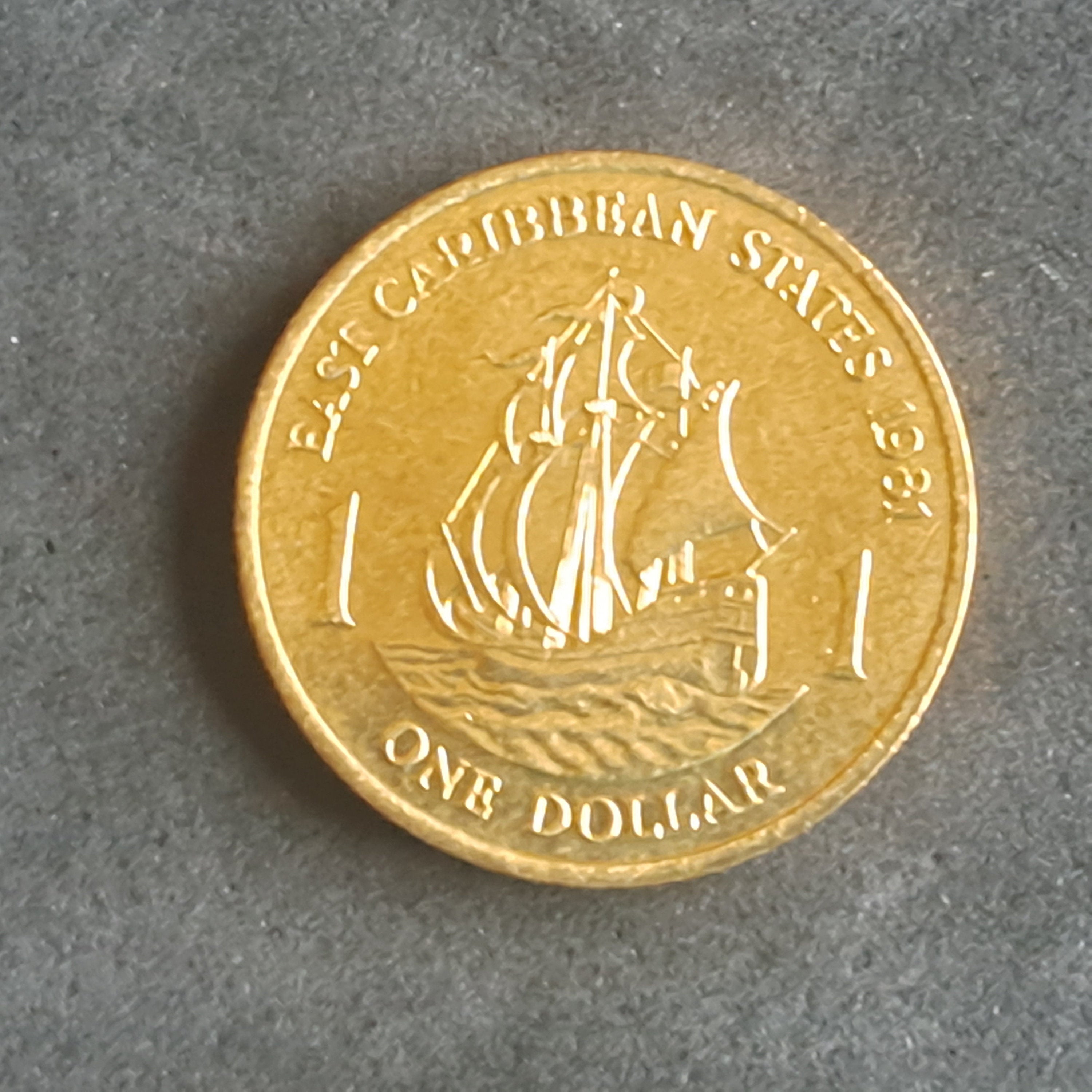 East Caribbean States One Dollar Coin; 1981 KM-15; Uncirculated; Queen Elizabeth II and Drake's Golden Hind Ship