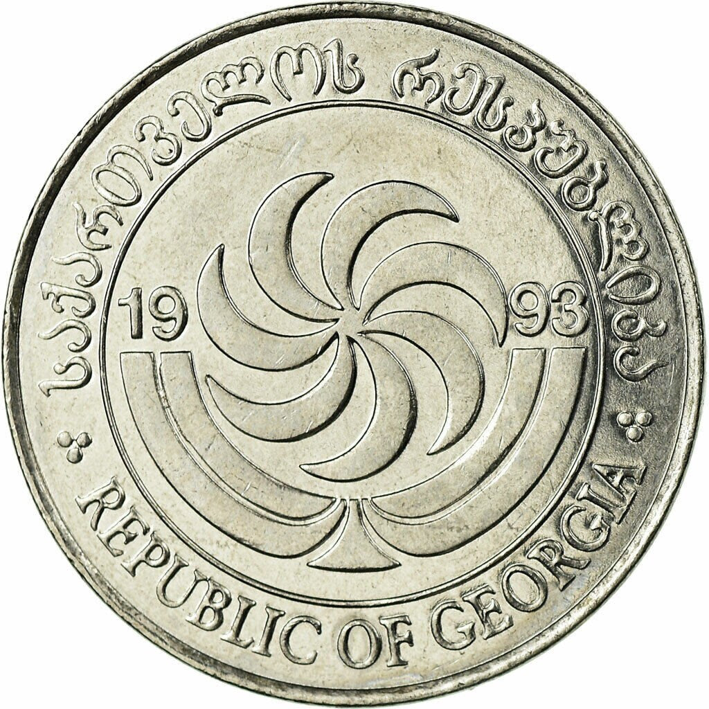GEORGIA 20 Thetri Coin; UNCIRCULATED from 1993; KM80; features a Red Deer and a stylized Candelabra