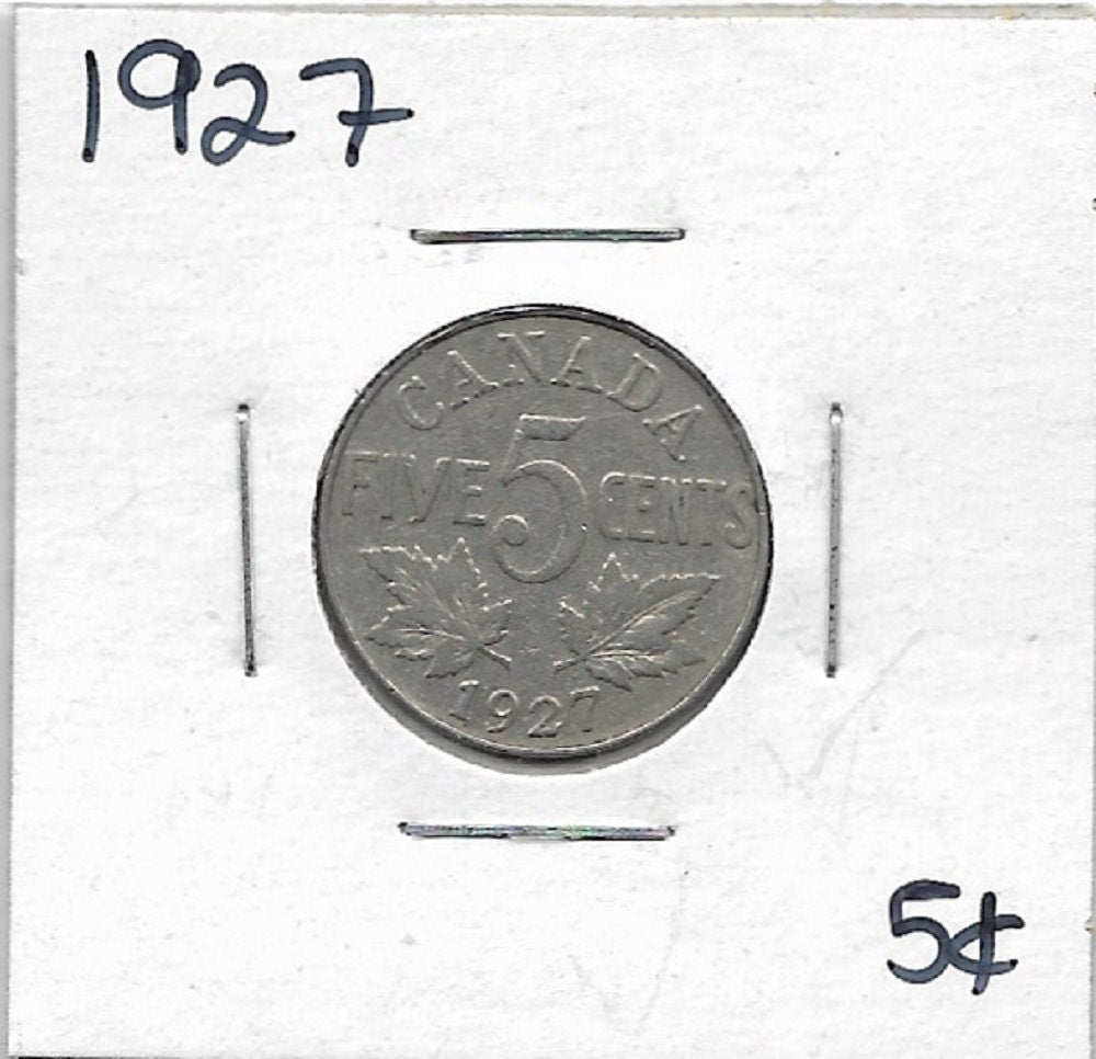 1927 CANADIAN NICKEL; Five Cent Coin; King George V; Vintage Nickel Coin; Maple Leaves