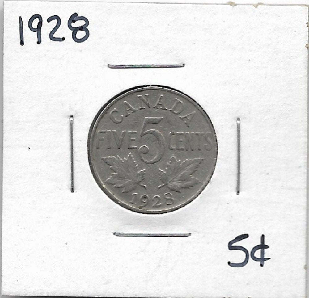 1928 CANADIAN NICKEL; Five Cent Coin; King George V; Vintage Nickel Coin; Maple Leaves