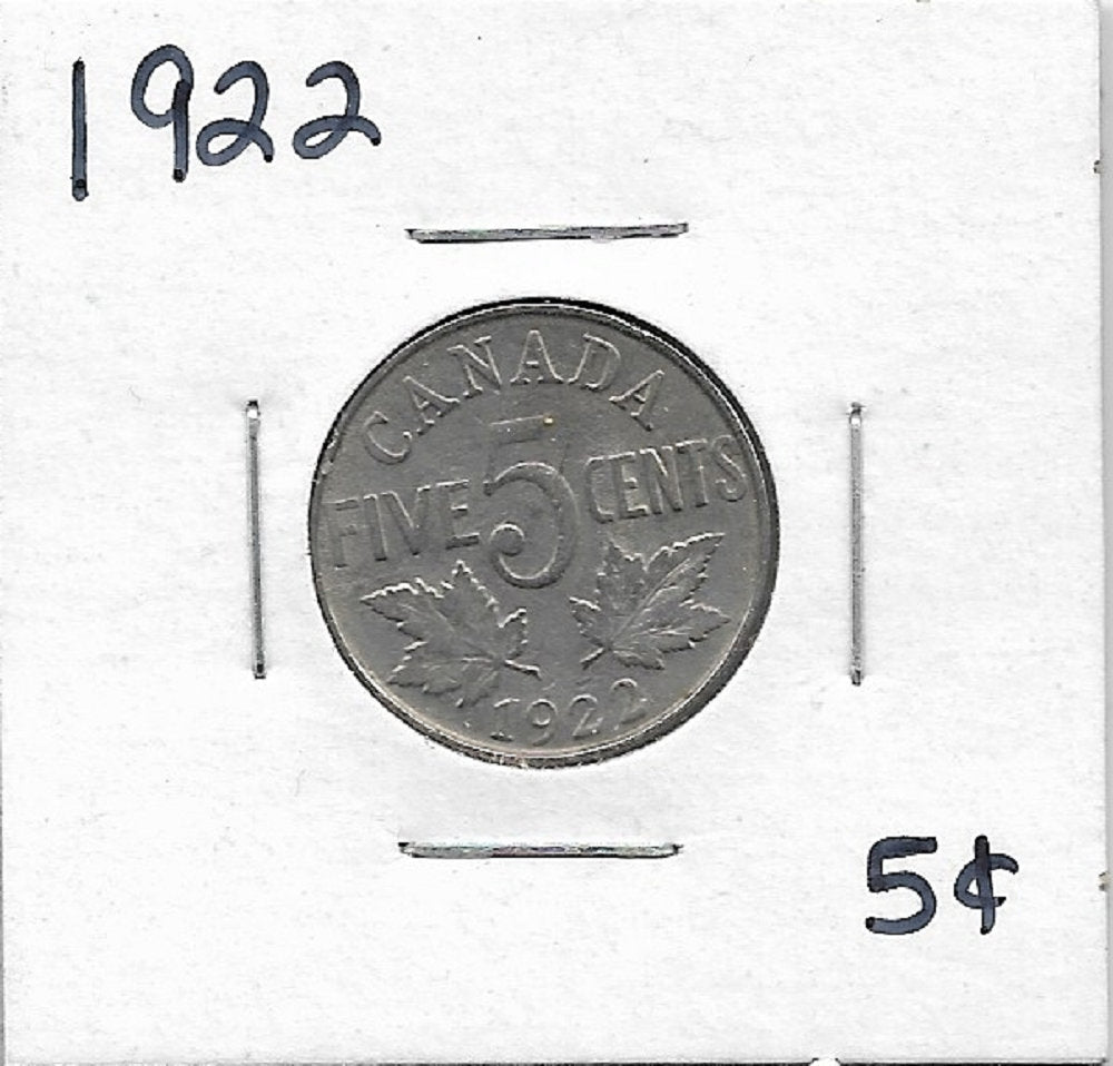 1922 CANADIAN NICKEL; Five Cent Coin; King George V; Vintage Nickel Coin; Maple Leaves