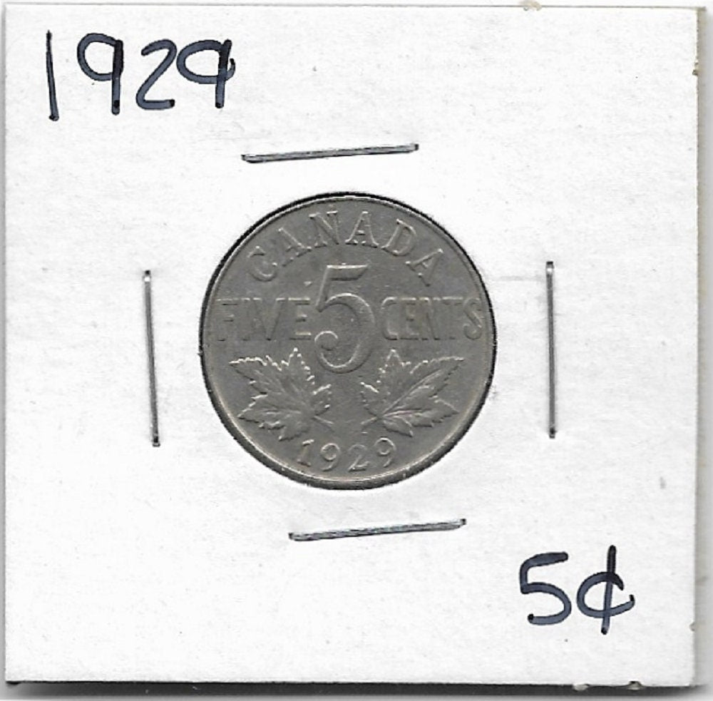 1929 CANADIAN NICKEL; Five Cent Coin; King George V; Vintage Nickel Coin; Maple Leaves