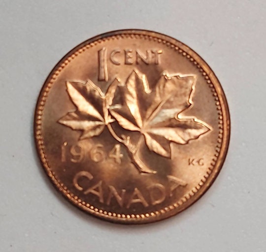 1964 Canadian Penny ~ Brilliantly UNCIRCULATED (BU) One Cent Coin; Queen Elizabeth II; Copper Penny