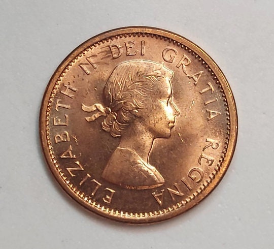 1964 Canadian Penny ~ Brilliantly UNCIRCULATED (BU) One Cent Coin; Queen Elizabeth II; Copper Penny