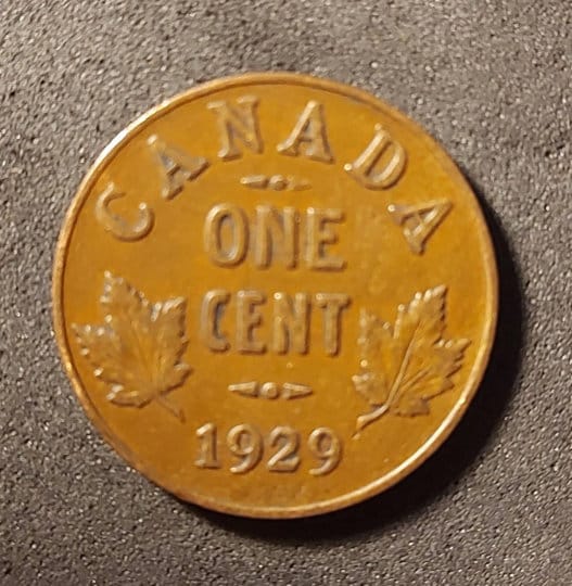1929 CANADIAN PENNY; One Cent Coin; King George V; Copper Penny