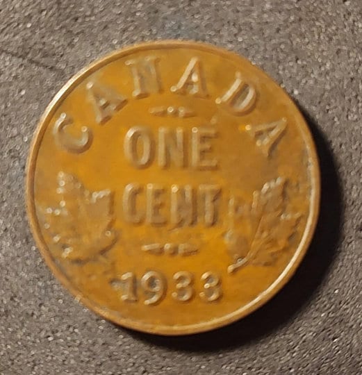 1933 CANADIAN PENNY; One Cent Coin; King George V; Copper Penny