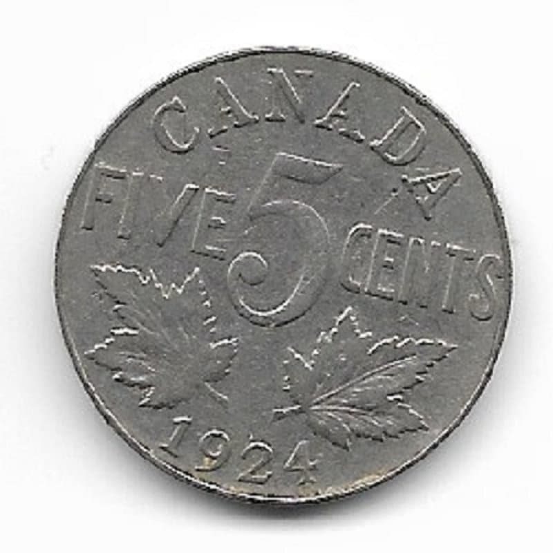 1924 CANADIAN NICKEL; Five Cent Coin; King George V; Vintage Nickel Coin; Maple Leaves