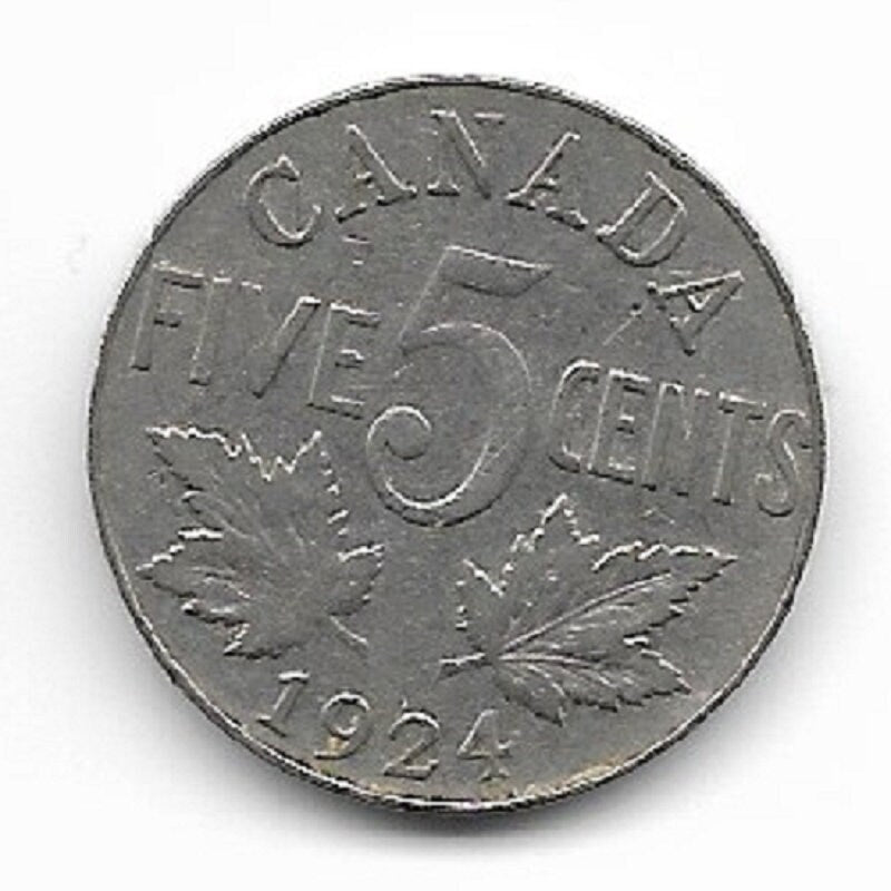 1924 CANADIAN NICKEL; Five Cent Coin; King George V; Vintage Nickel Coin; Maple Leaves